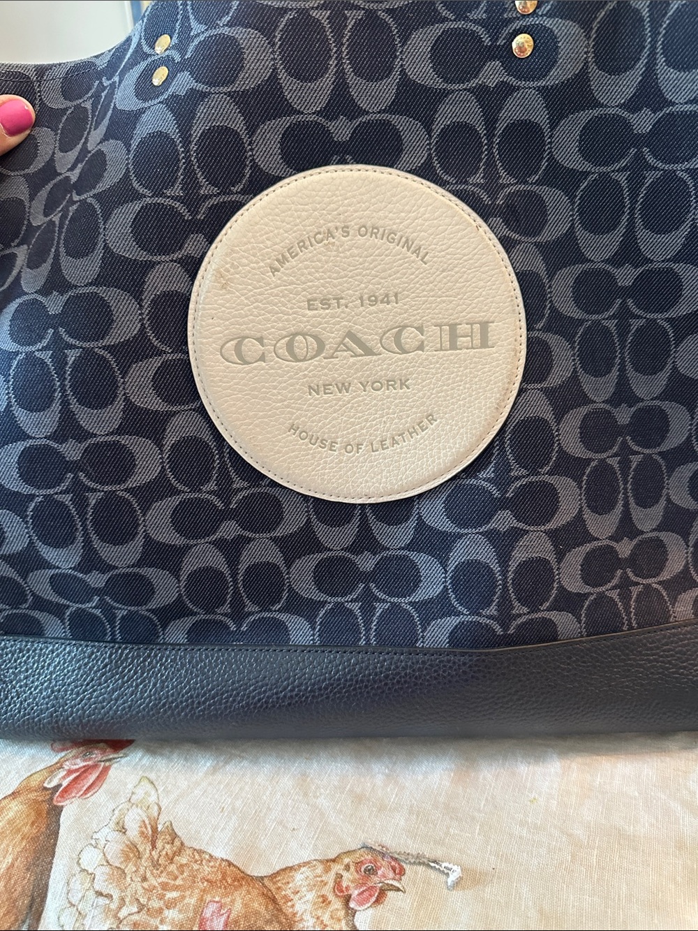 Coach Navy Signature Canvas Tote with White Leather Medallion